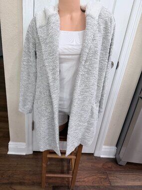 LOFT Soft Marled Hooded Cardigan Sweater Sherpa Lined Gray Size S Cozy